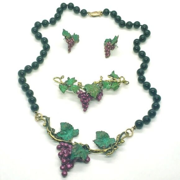 Vintage Richard Kaish Grape Vine Necklace Earrings Brooch Wine Theme Beads - Picture 1 of 5
